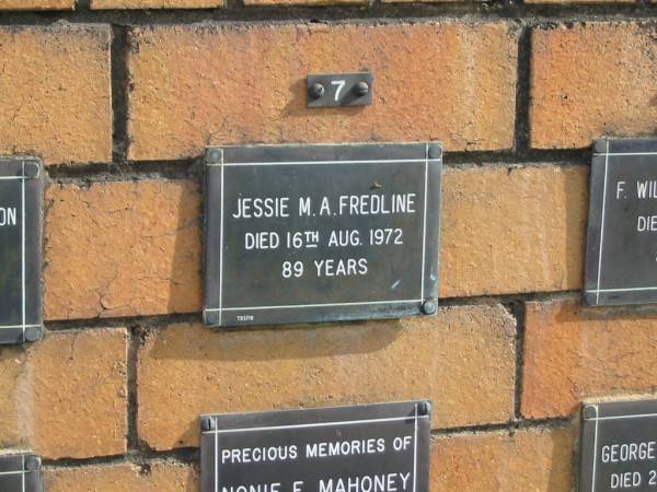 Jessie M A FREDLINE  | 16 Aug 1972  | aged 89 yrs  |   | Sherwood (Anglican) Cemetery, Brisbane  | 