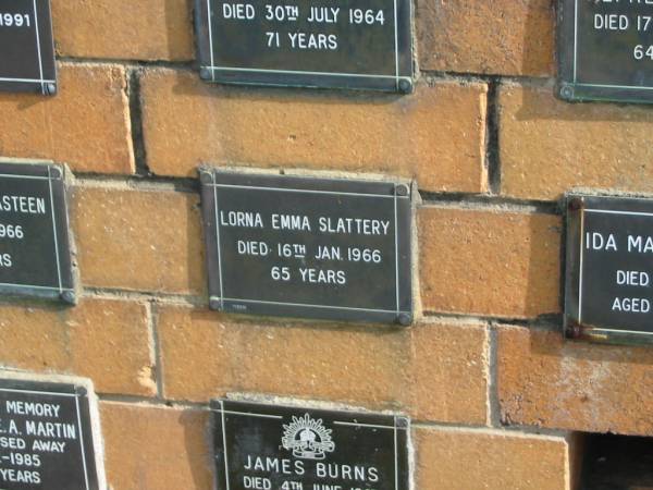 Lorna Emma SLATTERY  | 16 Jan 1966  | 65 yrs  |   | Sherwood (Anglican) Cemetery, Brisbane  | 