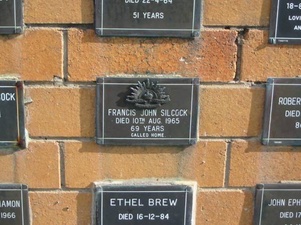 Francis John SILCOCK  | 10 Aug 1965  | 69 yrs  |   | Sherwood (Anglican) Cemetery, Brisbane  | 