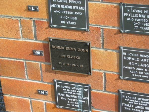 Norma Emma GONN (nee KLOSKE)  | 16-3-18 to 24-4-95  |   | Sherwood (Anglican) Cemetery, Brisbane  | 
