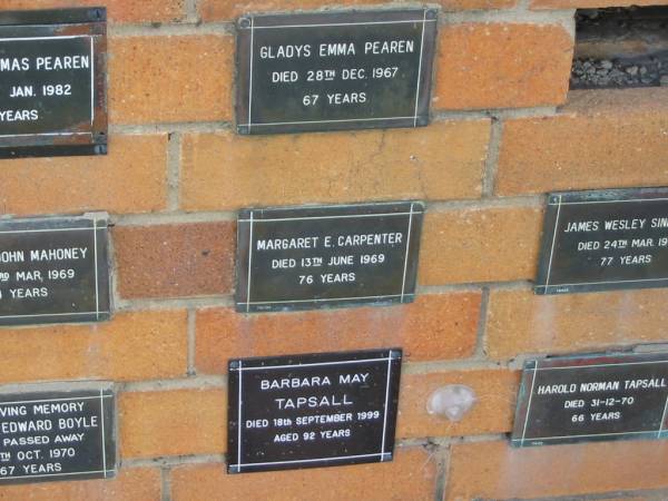 Margaret E CARPENTER  | 13 Jun 1969  | 76 yrs  |   | Sherwood (Anglican) Cemetery, Brisbane  | 