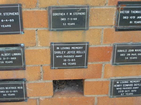 Shirley Joyce ROLLS  | 18-5-85  | 46 yrs  |   | Sherwood (Anglican) Cemetery, Brisbane  | 