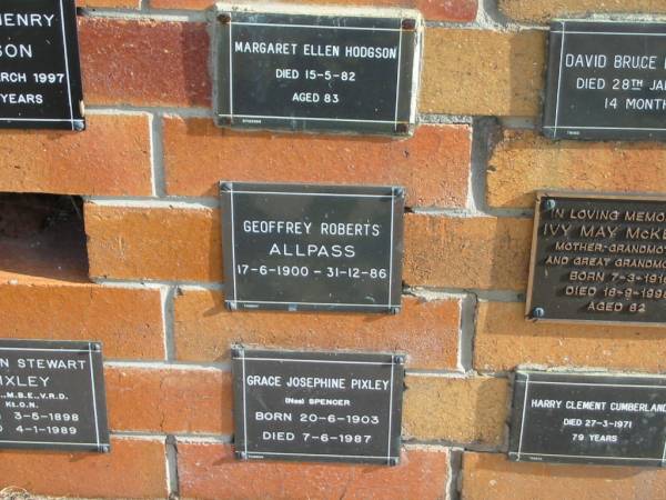 Geoffrey Roberts ALLPASS  | 17-6-1900 to 21-12-86  |   | Sherwood (Anglican) Cemetery, Brisbane  | 