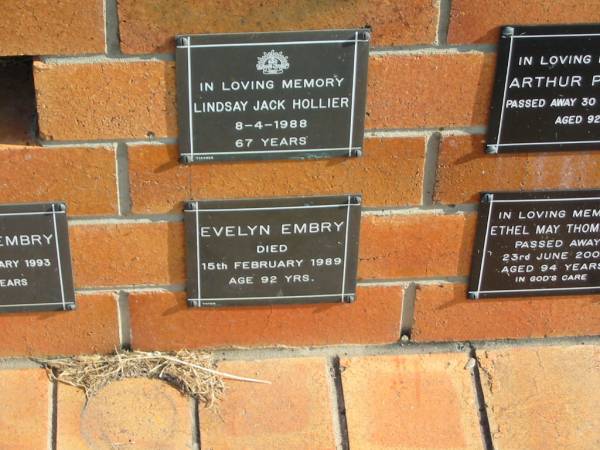 Evelyn EMBRY  | 15 Feb 1989  | 92 yrs  |   | Sherwood (Anglican) Cemetery, Brisbane  | 