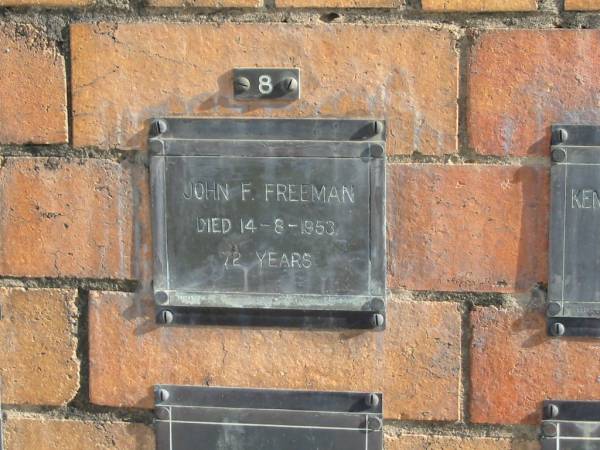 John F FREEMAN  | 14-8-1953  | 72 yrs  | Sherwood (Anglican) Cemetery, Brisbane  | 