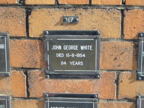 John George WHITE  | 15-8-1954  | 84 yrs  | Sherwood (Anglican) Cemetery, Brisbane  | 