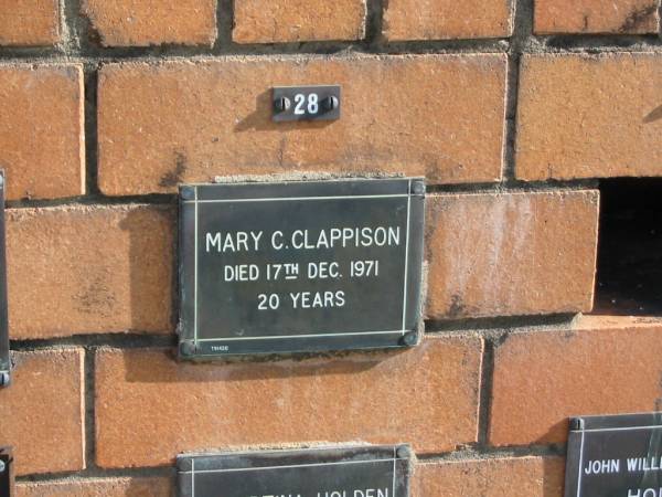 Mary C CLAPPISON  | 17 Dec 1971  | 20 yrs  | Sherwood (Anglican) Cemetery, Brisbane  | 