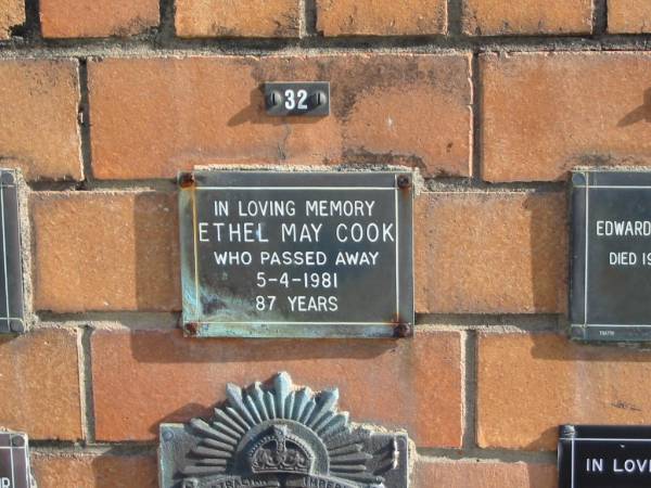 Ethel May COOK  | 5-4-1981  | 87 yrs  | Sherwood (Anglican) Cemetery, Brisbane  | 
