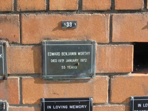 Edward Benjamin WORTHY  | 19 Jan 1972  | 55 yrs  | Sherwood (Anglican) Cemetery, Brisbane  | 