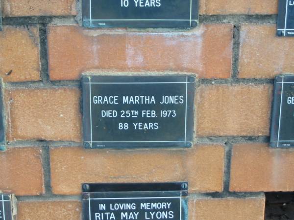 Grace Martha JONES  | 25 Feb 1973  | 88 yrs  |   | Sherwood (Anglican) Cemetery, Brisbane  | 