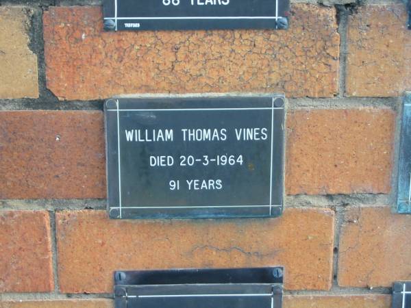 William Thomas VINES  | 20-3-1964  | 91 yrs  |   | Sherwood (Anglican) Cemetery, Brisbane  | 