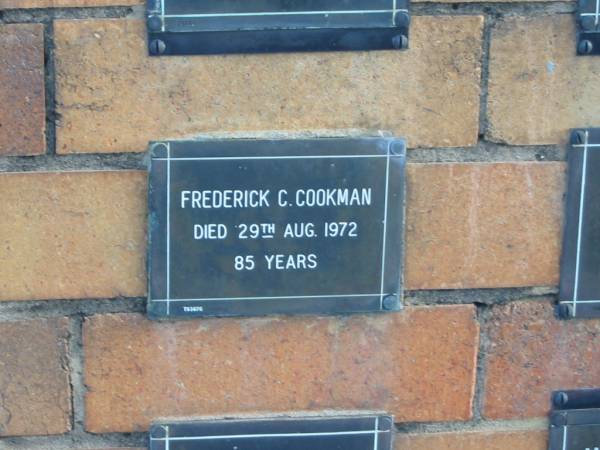 Frederick C COOKMAN  | 29 Aug 1972  | 85 yrs  |   | Sherwood (Anglican) Cemetery, Brisbane  | 
