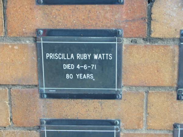 Priscilla Ruby WATTS  | 4-6-71  | 80 yrs  |   | Sherwood (Anglican) Cemetery, Brisbane  | 
