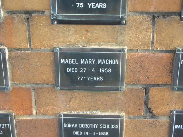Mabel Mary MACHON  | 27-4-1958  | 77 yrs  |   | Sherwood (Anglican) Cemetery, Brisbane  | 