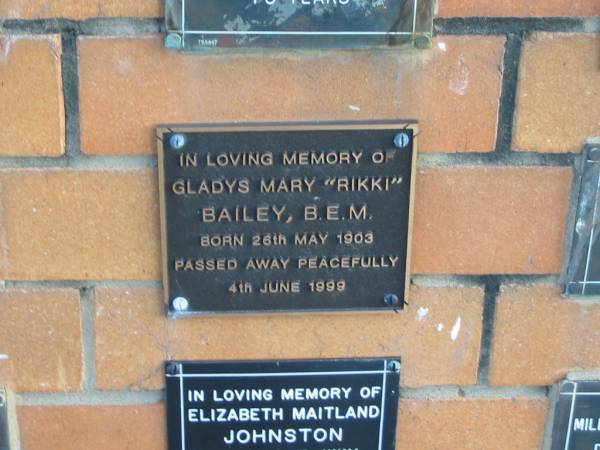 Gladys Mary  Rikki  BAILEY  | Born 26 May 1903  | Died 4 Jun 1999  |   | Sherwood (Anglican) Cemetery, Brisbane  | 