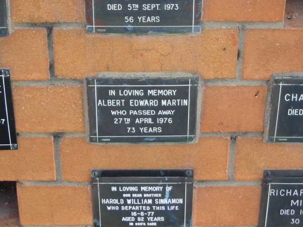 Albert Edward MARTIN  | 27 Apr 1976  | 73 yrs  |   | Sherwood (Anglican) Cemetery, Brisbane  | 