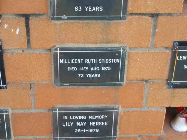 Millicent Ruth STIDSTON  | 14 Aug 1975  | 72 yrs  |   | Sherwood (Anglican) Cemetery, Brisbane  | 