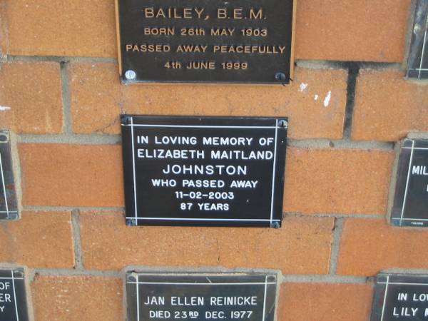Elizabeth Maitland JOHNSTON  | 11-02-2003  | 87 yrs  |   | Sherwood (Anglican) Cemetery, Brisbane  | 
