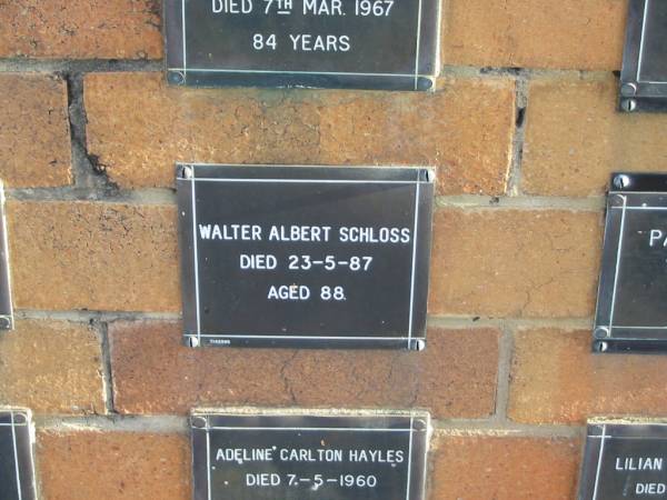 Walter Albert SCHLOSS  | 23-5-87  | aged 88  |   | Sherwood (Anglican) Cemetery, Brisbane  | 