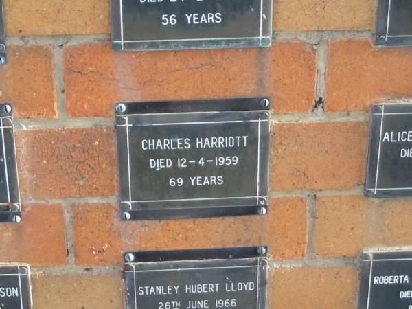 Charles HARRIOTT  | 12-4-1959  | 69 yrs  |   | Sherwood (Anglican) Cemetery, Brisbane  | 