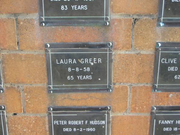 Laura GREER  | 8-8-58  | 65 yrs  |   | Sherwood (Anglican) Cemetery, Brisbane  | 