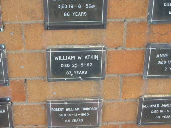 William W ATKIN  | 25-5-62  | 87 yrs  |   | Sherwood (Anglican) Cemetery, Brisbane  | 