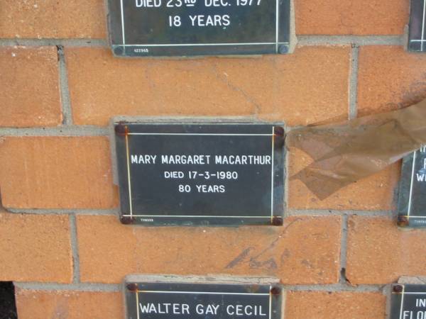 Mary Margaret MACARTHUR  | 17-3-1980  | 80 yrs  |   | Sherwood (Anglican) Cemetery, Brisbane  | 