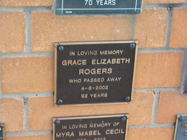 Grace Elizabeth ROGERS  | 4-8-2002  | 92 yrs  |   | Sherwood (Anglican) Cemetery, Brisbane  | 