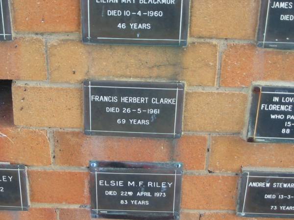 Francis Herbert CLARKE  | 26-5-1961  | 69 yrs  |   | Sherwood (Anglican) Cemetery, Brisbane  | 