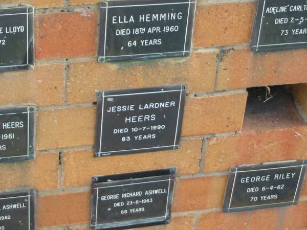 Jessie Lardner HEERS  | 10-7-1990  | 83 yrs  |   | Sherwood (Anglican) Cemetery, Brisbane  | 