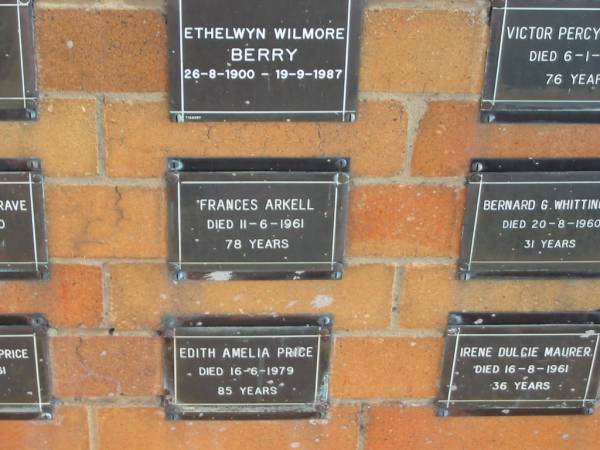 Frances ARKELL  | 11-6-1961  | 78 yrs  |   | Sherwood (Anglican) Cemetery, Brisbane  | 