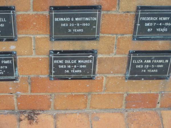 Irene Dulcie MAURER  | 16-8-1961  | 36 yrs  |   | Sherwood (Anglican) Cemetery, Brisbane  | 