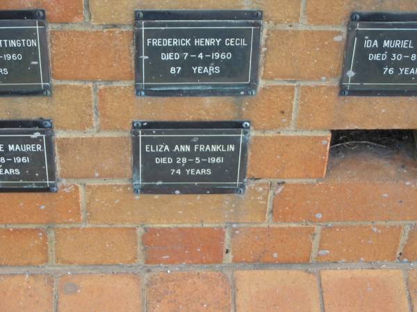 Eliza Ann FRANKLIN  | 28-5-1961  | 74 yrs  |   | Sherwood (Anglican) Cemetery, Brisbane  | 