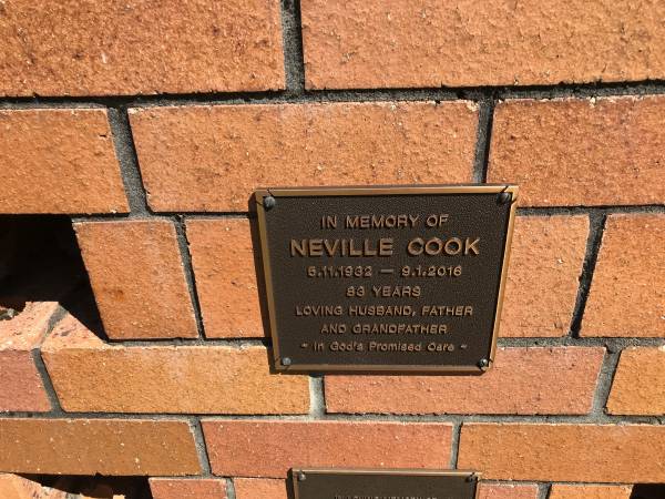 Neville COOK  | b: 5 Nov 1932  | d: 9 Jan 2016 aged 83  |   | Sherwood (Anglican) Cemetery, Brisbane  |   | 