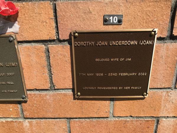 Dorothy Joan UNDERDOWN  | b: 7 May 1926  | d: 22 Feb 2022  | wife of Jim  |   | Sherwood (Anglican) Cemetery, Brisbane  |   | 