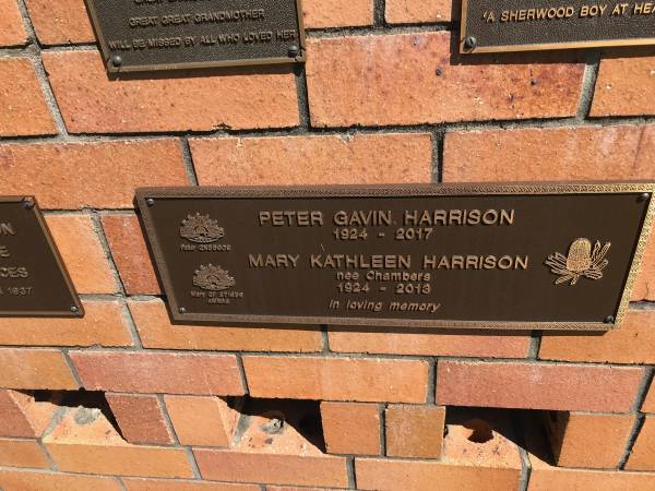Peter Gavin HARRISON  | b: 1924  | d: 2017  |   | Mary Kathleen HARRISON (nee CHAMBERS)  | b: 1924  | d: 2013  |   | Sherwood (Anglican) Cemetery, Brisbane  |   | 