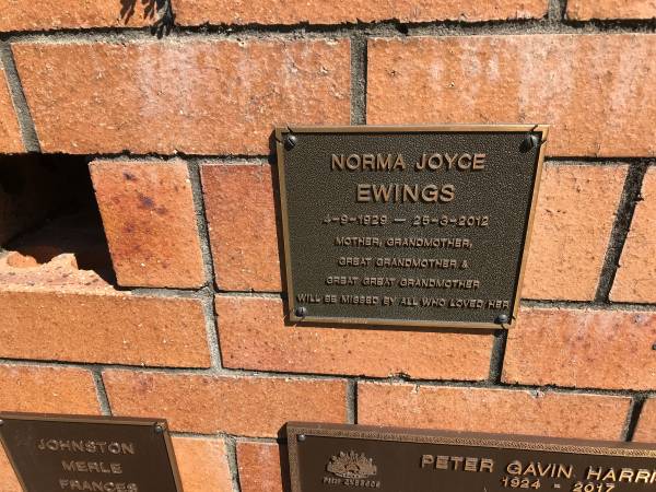 Norma Joyce EWINGS  | b: 4 Sep 1929  | d: 25 Mar 2012  |   | Sherwood (Anglican) Cemetery, Brisbane  |   | 