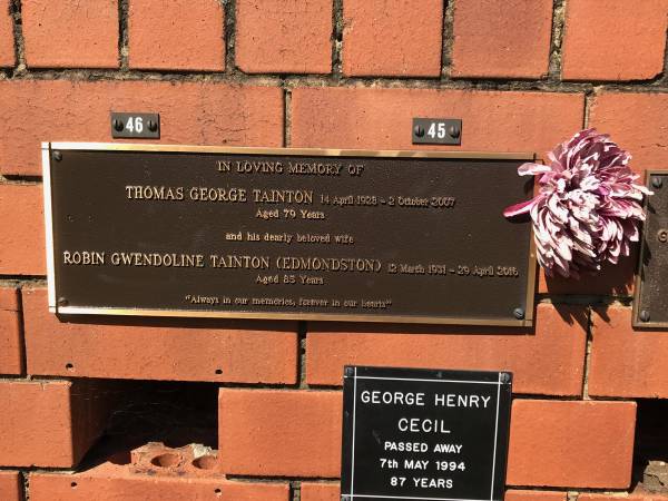 Thomas George TAINTON  | b: 14 Apr 1928  | d: 2 Oct 2007 aged 79  |   | wife  | Robin Gwendoline TAINTON (EDMONDSTON)  | b: 12 Mar 1931  | d: 29 Apr 2016 aged 85  |   | Sherwood (Anglican) Cemetery, Brisbane  |   |   | 