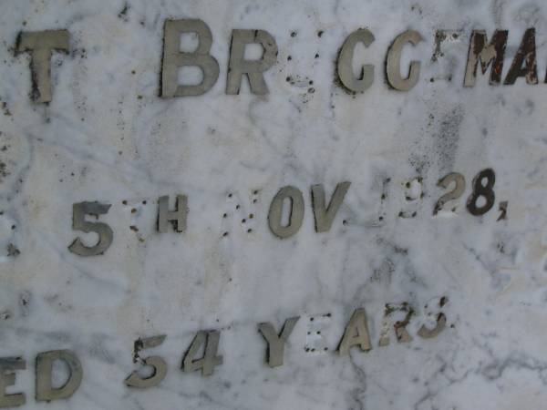 Robert BRUGGEMANN,  | husband father,  | died 5 Nov 1928 aged 54 years;  | Silverleigh Lutheran cemetery, Rosalie Shire  | 