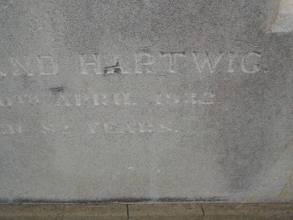 Ferdinand HARTWIG,  | died 10 April 1932 aged 82 years;  | Silverleigh Lutheran cemetery, Rosalie Shire  |