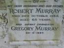 David MURRAY, died 25 Nov 1893 aged 54 years; Janet, wife, died 3 June 1911 aged 65 years; Robert MURRAY, husband father, died 24 Oct 1935 aged 65 years; Gregory MURRAY, infant grandson, 20-4-1957; Slacks Creek St Mark's Anglican cemetery, Daisy Hill, Logan City 