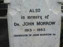 John MORROW junior, died 19 Feb 1907 aged 22 years; Harriet Ann, wife of John MORROW, died 25 Feb 1942 aged 84 years; Dr John MORROW, 1913 - 1983, grandson of John MORROW senior; John MORROW, father of John MORROW junior, died 31 Aug 1920 aged 77 years; James, died 12 May 1915 aged 33 years; Charles, died of wounds in France 8 Sept 1918 aged 30 years; John; sons & grandsons; Slacks Creek St Mark's Anglican cemetery, Daisy Hill, Logan City 