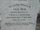 Lilly Meta, daughter of F.W. & L.J. ARMSTRONG, died 7 Sept 1922 aged 12 years; Slacks Creek St Mark's Anglican cemetery, Daisy Hill, Logan City 