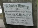 
Samuel G. HEANEY, husband father,
died 5 Sept 1947 aged 80 years;
Slacks Creek St Marks Anglican cemetery, Daisy Hill, Logan City
