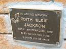 Edith Elsie JACKSON,
born 19 Feb 1912 died 1 March 2002;
Slacks Creek St Marks Anglican cemetery, Daisy Hill, Logan City