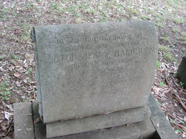 Victor Henry HARBOURN,  | son brother,  | died 2 Nov 1957 aged 20 years;  | Slacks Creek St Mark's Anglican cemetery, Daisy Hill, Logan City  |   | 