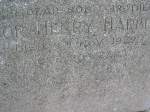Victor Henry HARBOURN,  | son brother,  | died 2 Nov 1957 aged 20 years;  | Slacks Creek St Mark's Anglican cemetery, Daisy Hill, Logan City  | 