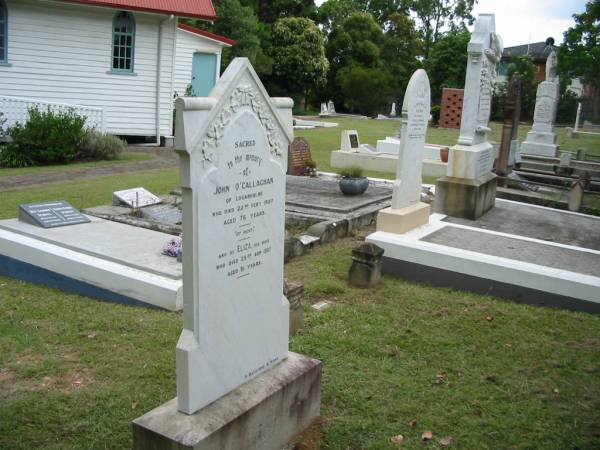 John O'CALLAGHAN,  | of Loganholme,  | died 22 Feb 1907 aged 76 years;  | Eliza, wife,  | died 23 Sept 1927 aged 91 years;  | Slacks Creek St Mark's Anglican cemetery, Daisy Hill, Logan City  | 