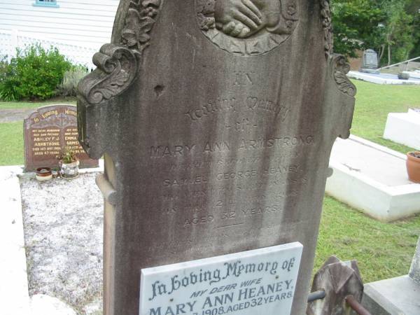 Mary Ann Armstrong HEANEY,  | wife of Samuel George HEANEY,  | died 12 July 1908 aged 32 years;  | Dennis HALL, husband father,  | died 10-10-1983 aged 55? years;  | Slacks Creek St Mark's Anglican cemetery, Daisy Hill, Logan City  | 