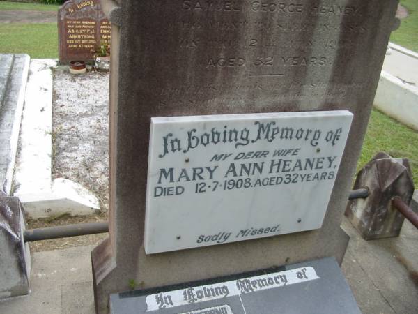 Mary Ann Armstrong HEANEY,  | wife of Samuel George HEANEY,  | died 12 July 1908 aged 32 years;  | Dennis HALL, husband father,  | died 10-10-1983 aged 55? years;  | Slacks Creek St Mark's Anglican cemetery, Daisy Hill, Logan City  | 
